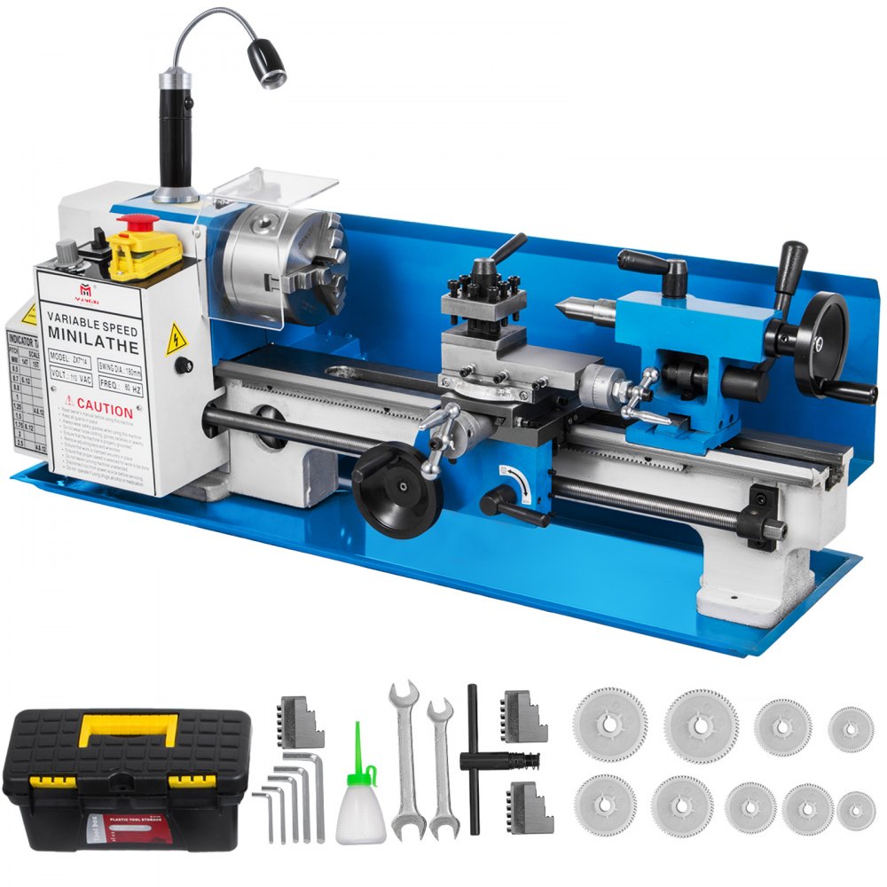 VEVOR Metal Lathe 7x14inch Precision Bench Top Mini Metal Lathe 550W Precision Metal Lathe Variable Speed 50-2500 RPM Nylon Gear with A Movable Lamp 