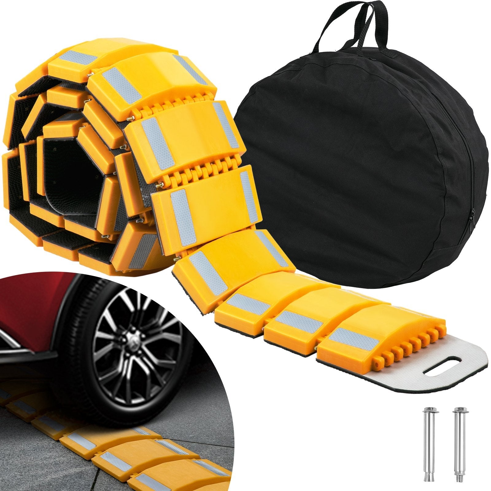 VEVOR Portable Speed Bump, 9.8 Ft Length, Speed Hump Rubber Reflective Speed Bumps for Asphalt?Concrete Gravel Driveway Roads Parking Lot and Used On Car, Truck, Bus, Trailer, Streets, Shopping Mall 