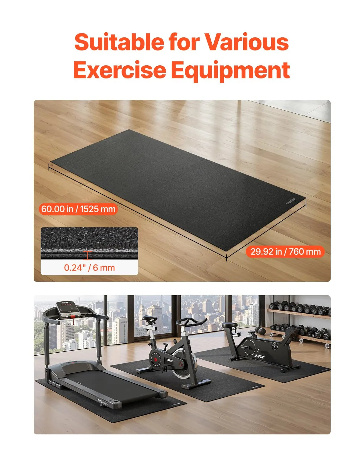 VEVOR Treadmill Mat for Carpet Floor 1/4" Thick 30"x60" Exercise Equipment Mat