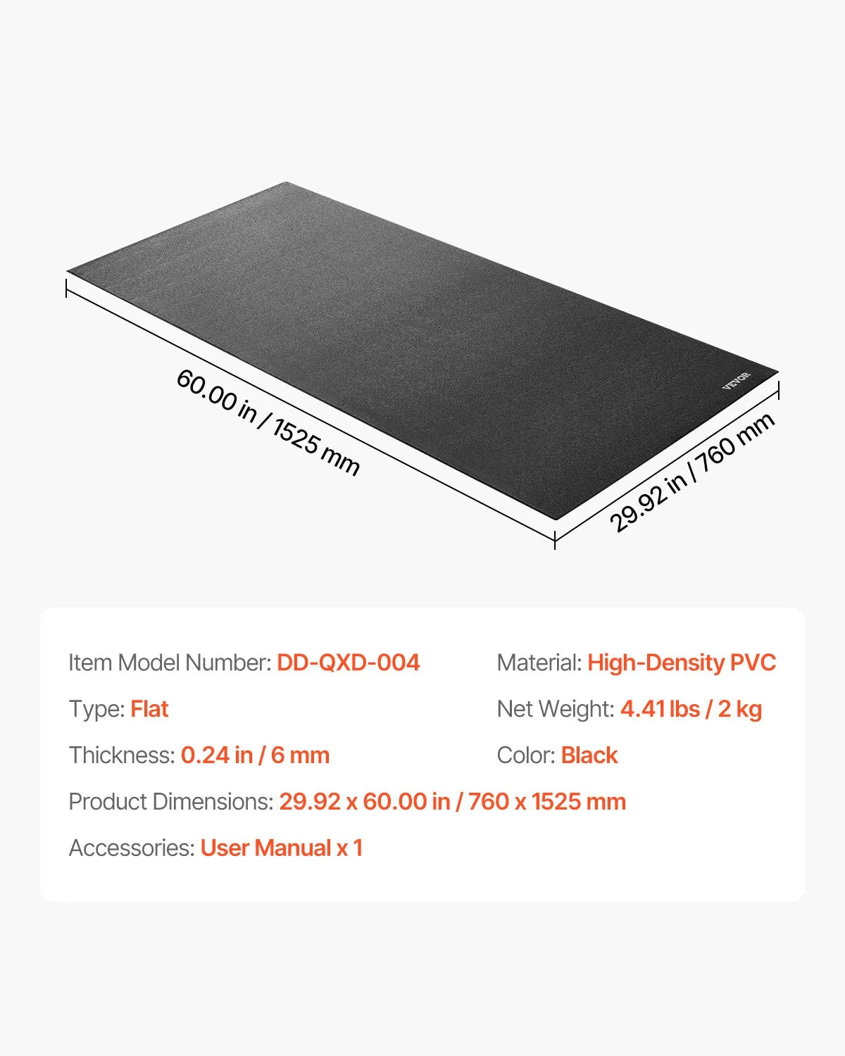 VEVOR Treadmill Mat for Carpet Floor 1/4" Thick 30"x60" Exercise Equipment Mat