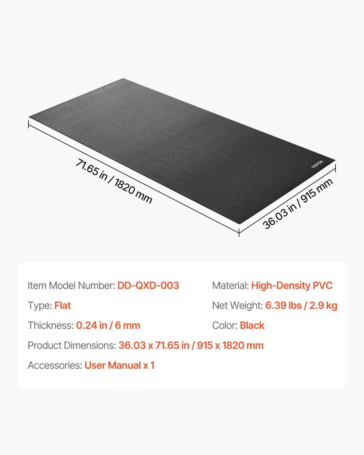 VEVOR Treadmill Mat for Carpet Floor 1/4" Thick 36"x72" Exercise Equipment Mat