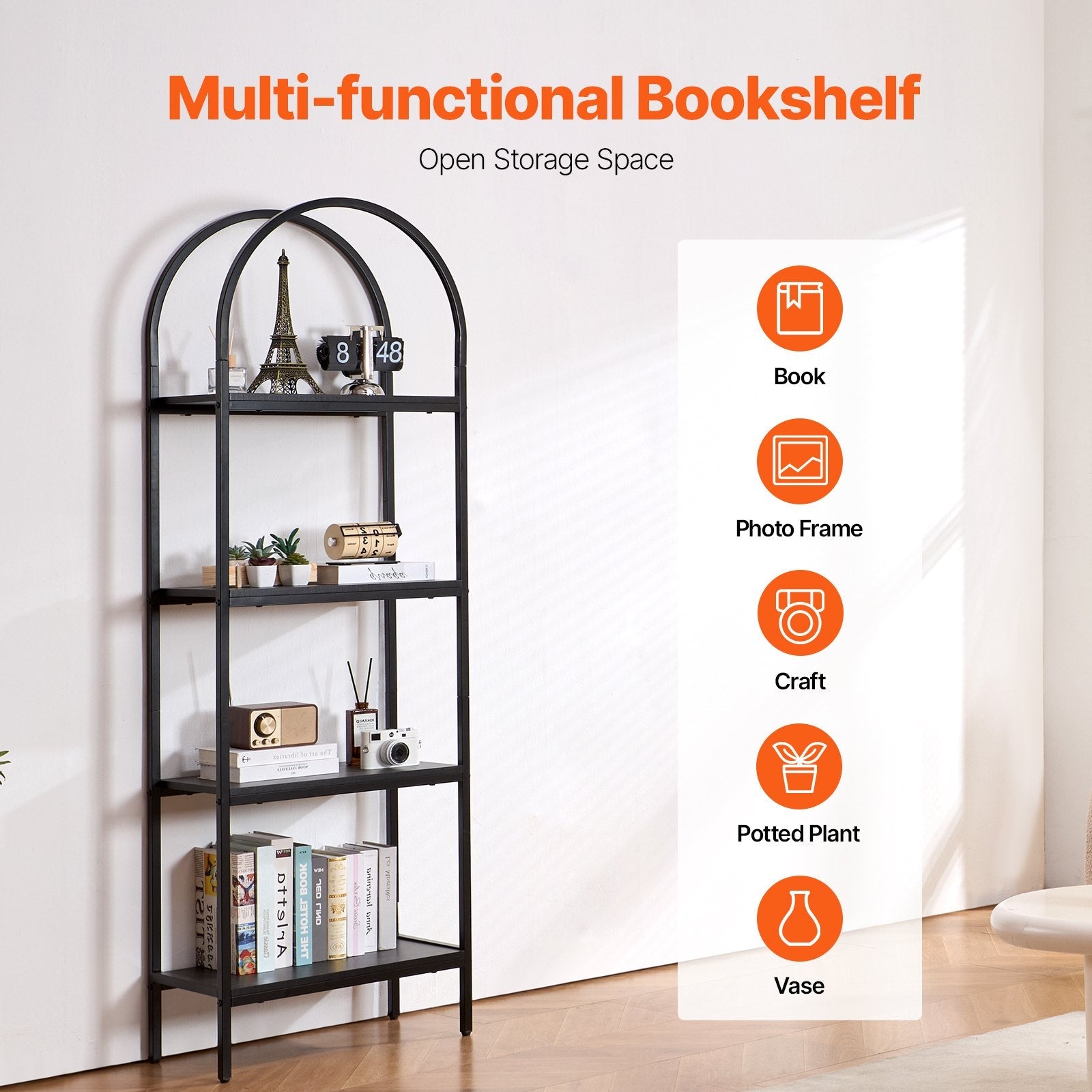VEVOR Metal Bookshelf Rustic Bookshelf 4-Tier for Living room Bedroom & Office 