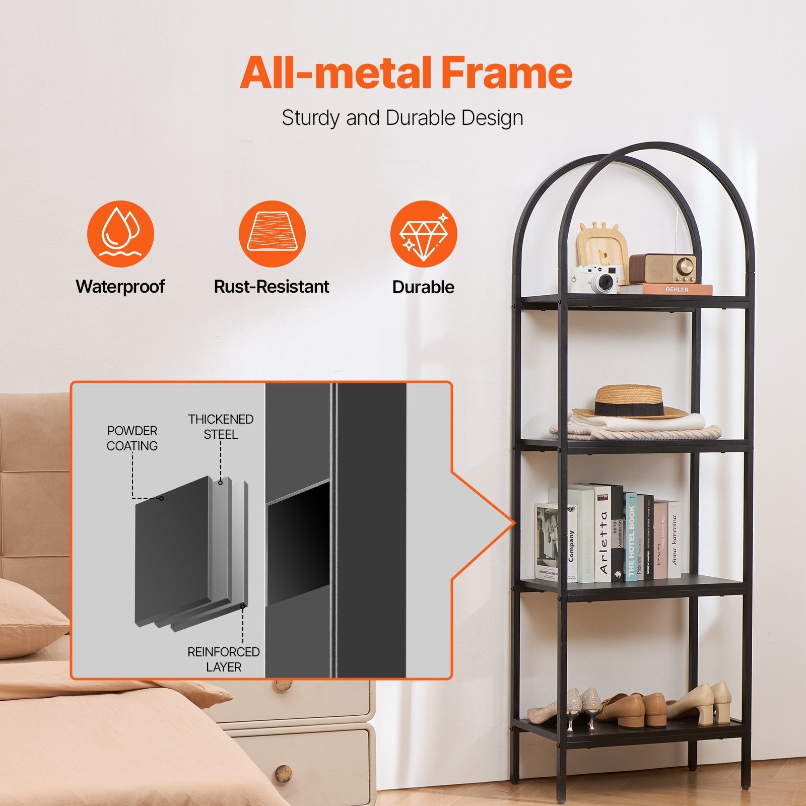 VEVOR Metal Bookshelf Rustic Bookshelf 4-Tier for Living room Bedroom & Office 