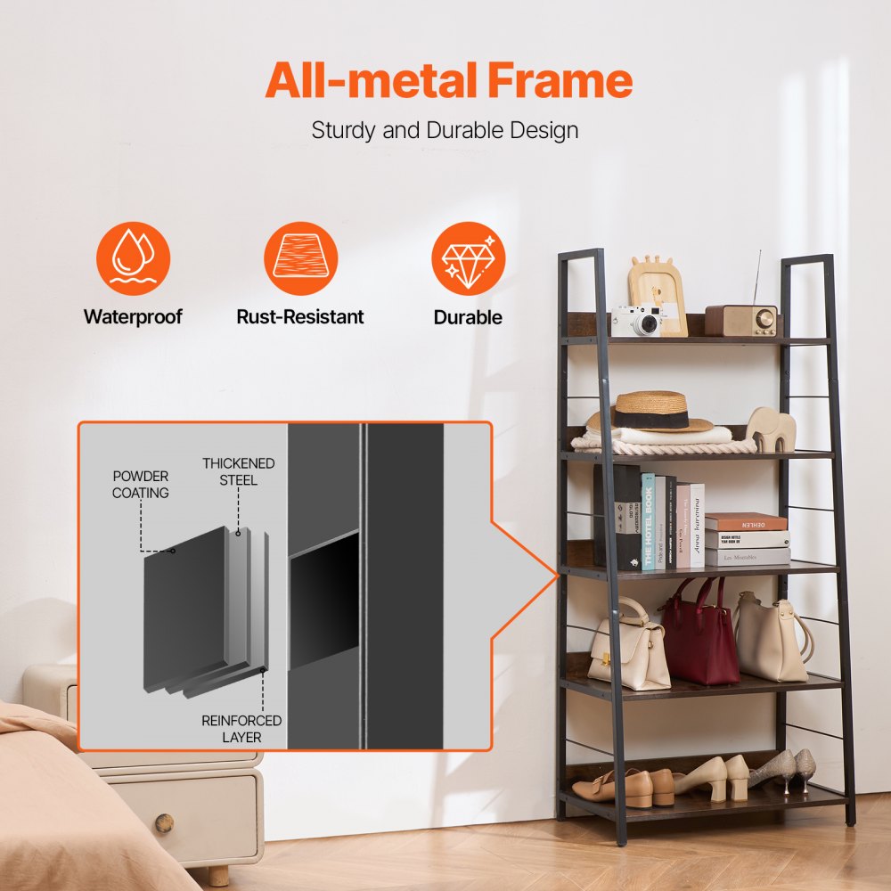 VEVOR Metal Bookshelf Rustic Bookcase 5-Tier for Living room Bedroom & Office 