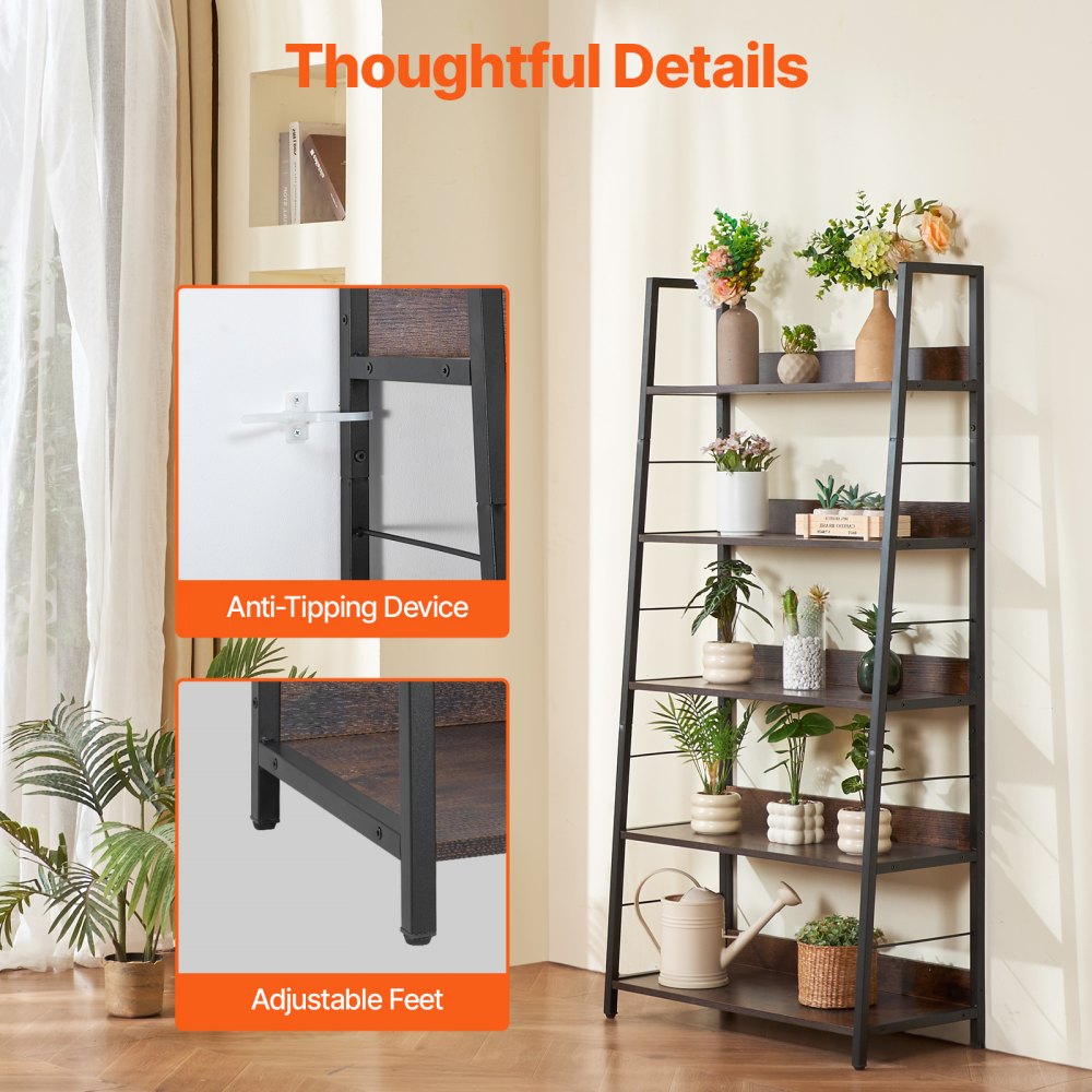 VEVOR Metal Bookshelf Rustic Bookcase 5-Tier for Living room Bedroom & Office 