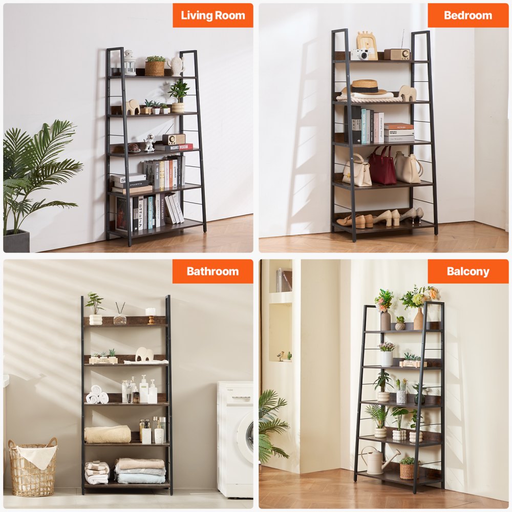 VEVOR Metal Bookshelf Rustic Bookcase 5-Tier for Living room Bedroom & Office 