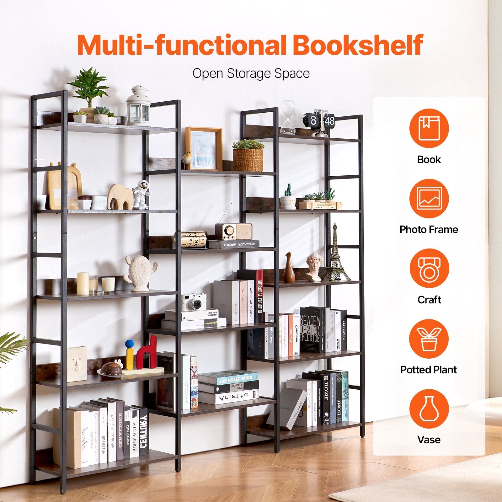 VEVOR Metal Bookshelf Rustic Bookshelf 14-Tier for Living room Bedroom & Office 