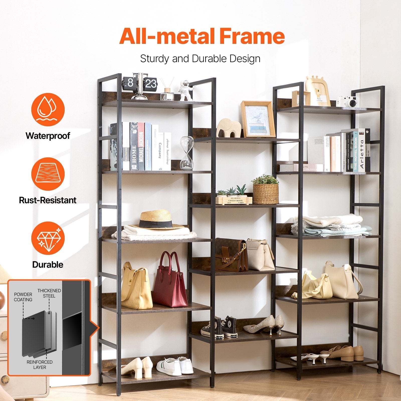 VEVOR Metal Bookshelf Rustic Bookshelf 14-Tier for Living room Bedroom & Office 