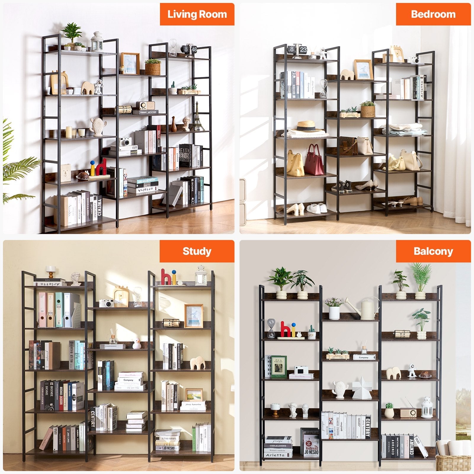 VEVOR Metal Bookshelf Rustic Bookshelf 14-Tier for Living room Bedroom & Office 
