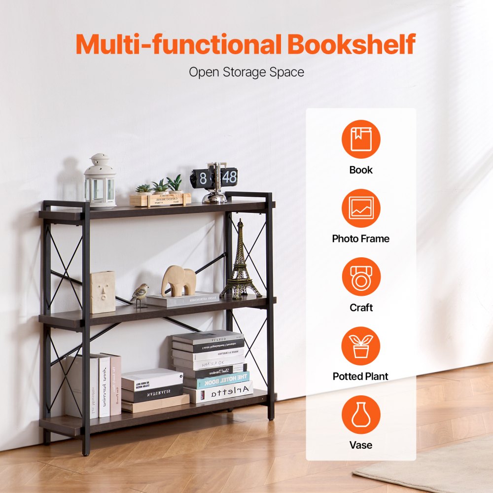 VEVOR Metal Bookshelf Rustic Bookshelf 3-Tier for Living room Bedroom & Office 
