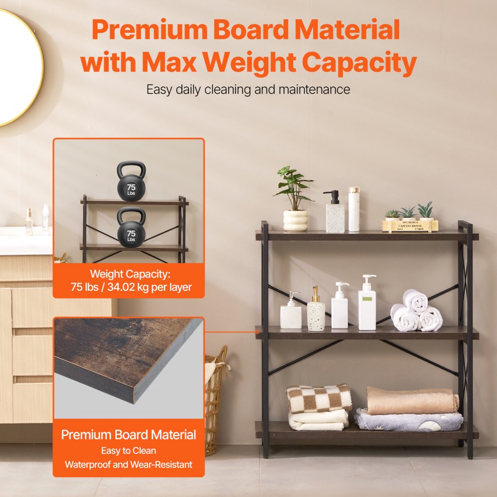 VEVOR Metal Bookshelf Rustic Bookshelf 3-Tier for Living room Bedroom & Office 