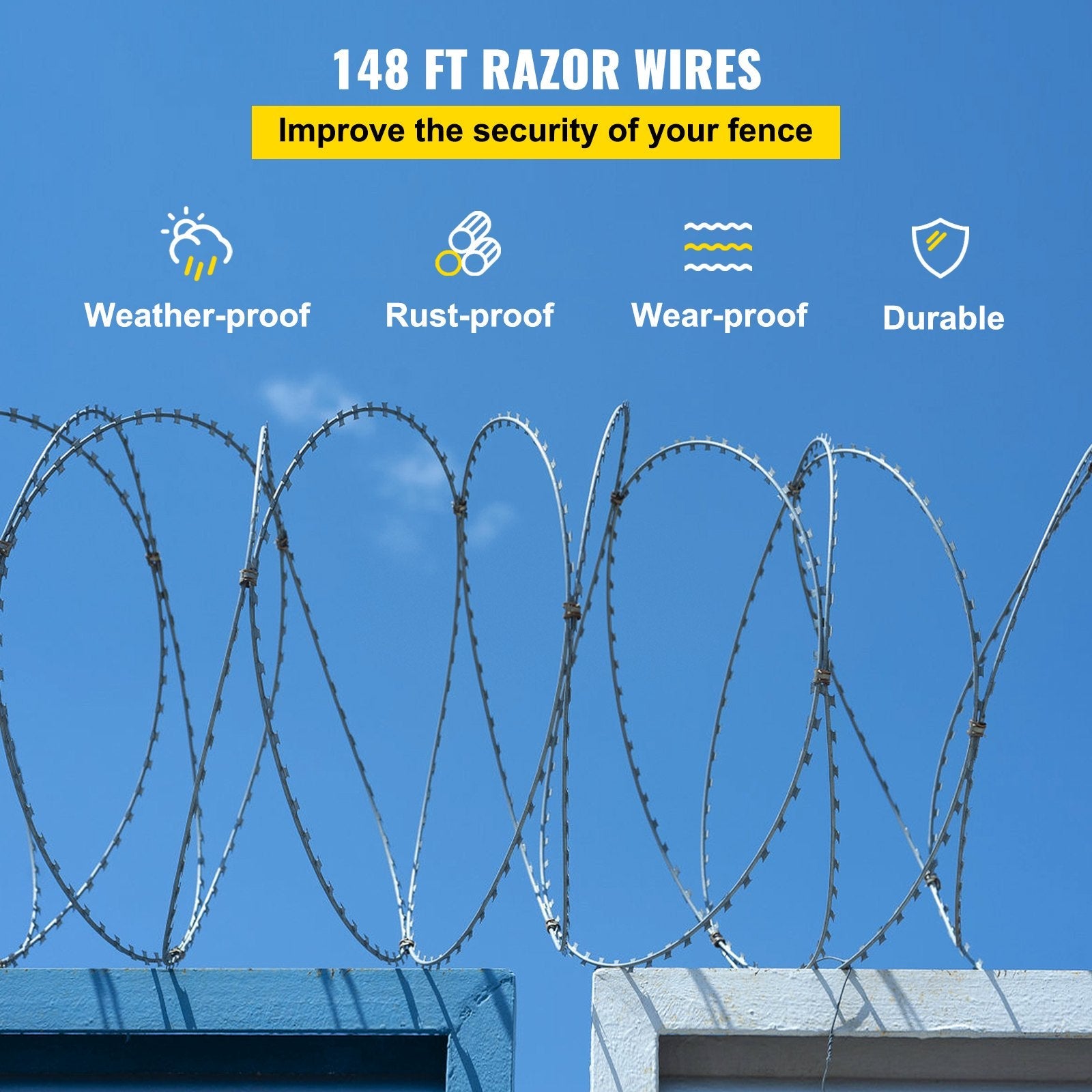 VEVOR Razor Wires, 147ft Razor Barbed Wire 3 Coils, 49 ft Per Roll Razor Wire Fencing Razor Fence, Razor Ribbon Barbed Wire Galvanized Steel Razor Wire Fence, Rolls Razor Useful Protection for Garden 