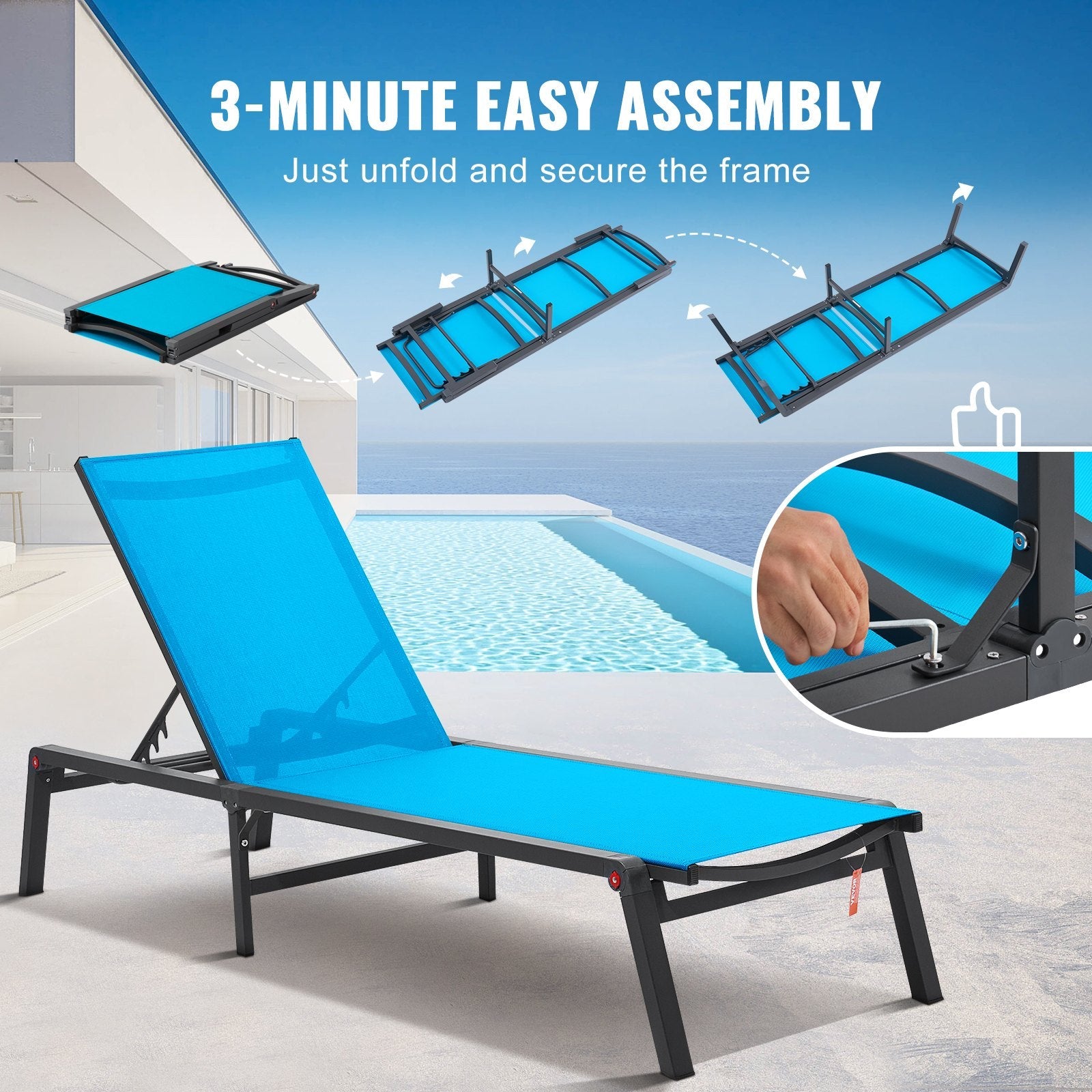 VEVOR Chaise Lounge Chair Outdoor Patio Lounge Chair Adjustable 5-Position 2 pcs 