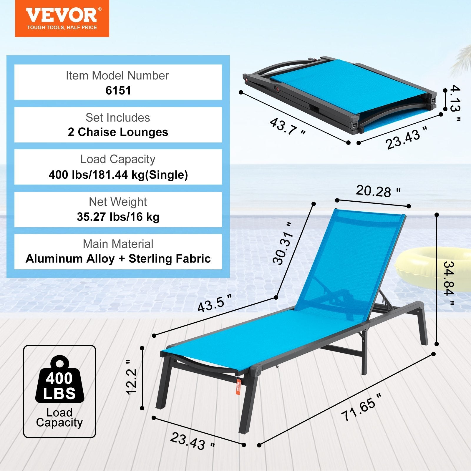 VEVOR Chaise Lounge Chair Outdoor Patio Lounge Chair Adjustable 5-Position 2 pcs 