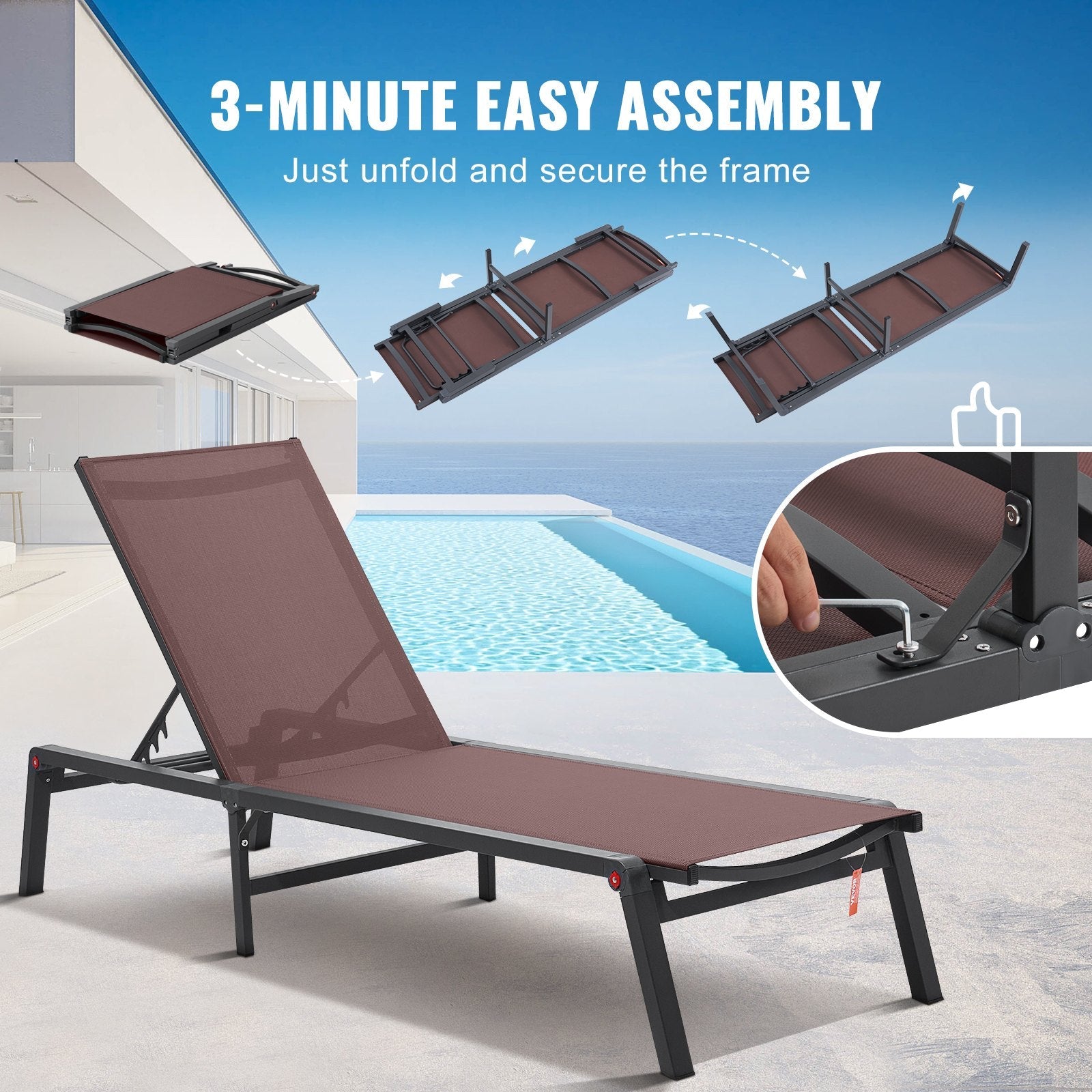 VEVOR Chaise Lounge Chair Outdoor Patio Lounge Chair with Adjustable 5-Position 