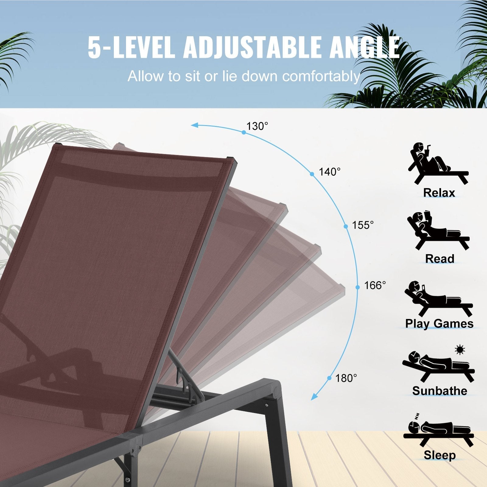VEVOR Chaise Lounge Chair Outdoor Patio Lounge Chair with Adjustable 5-Position 