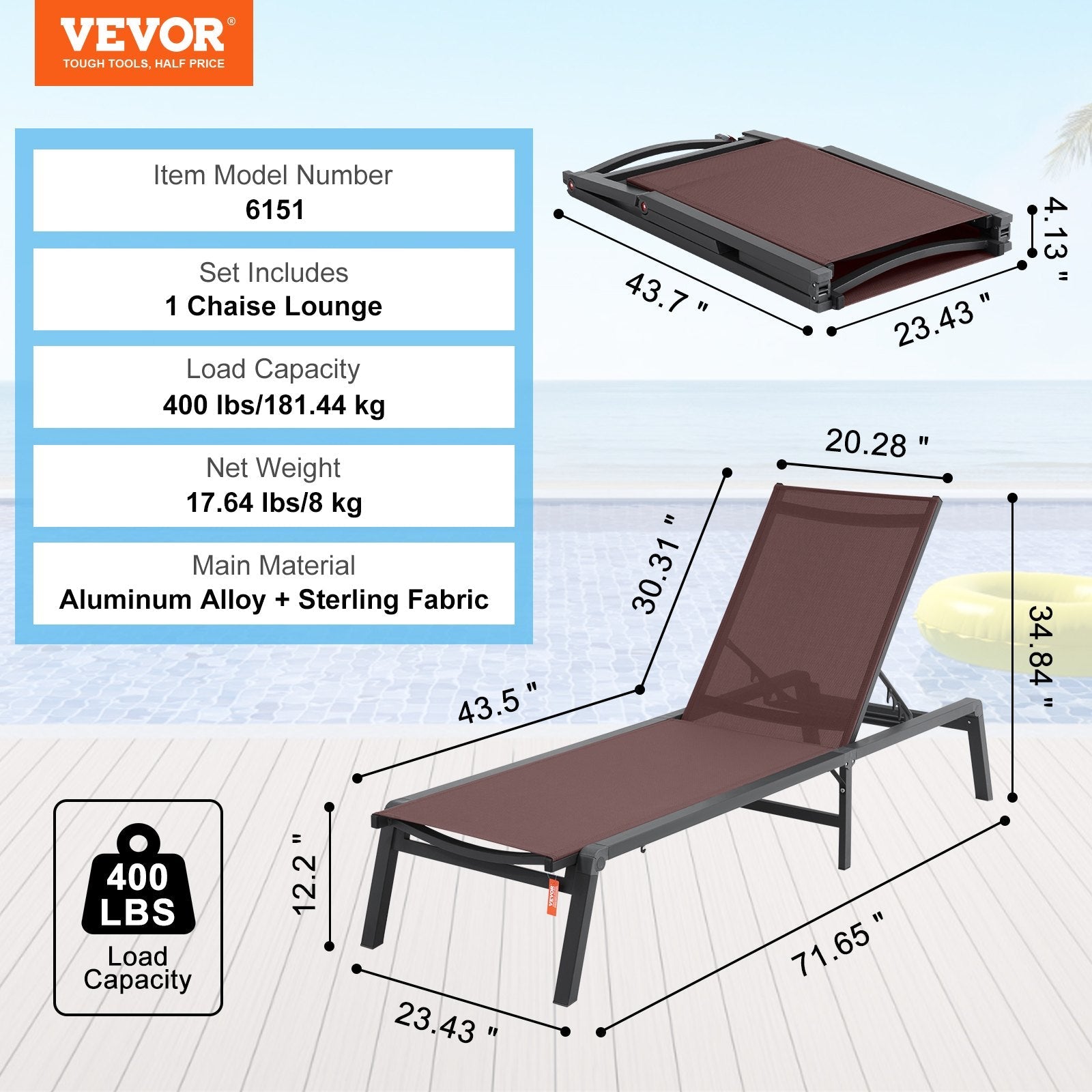 VEVOR Chaise Lounge Chair Outdoor Patio Lounge Chair with Adjustable 5-Position 