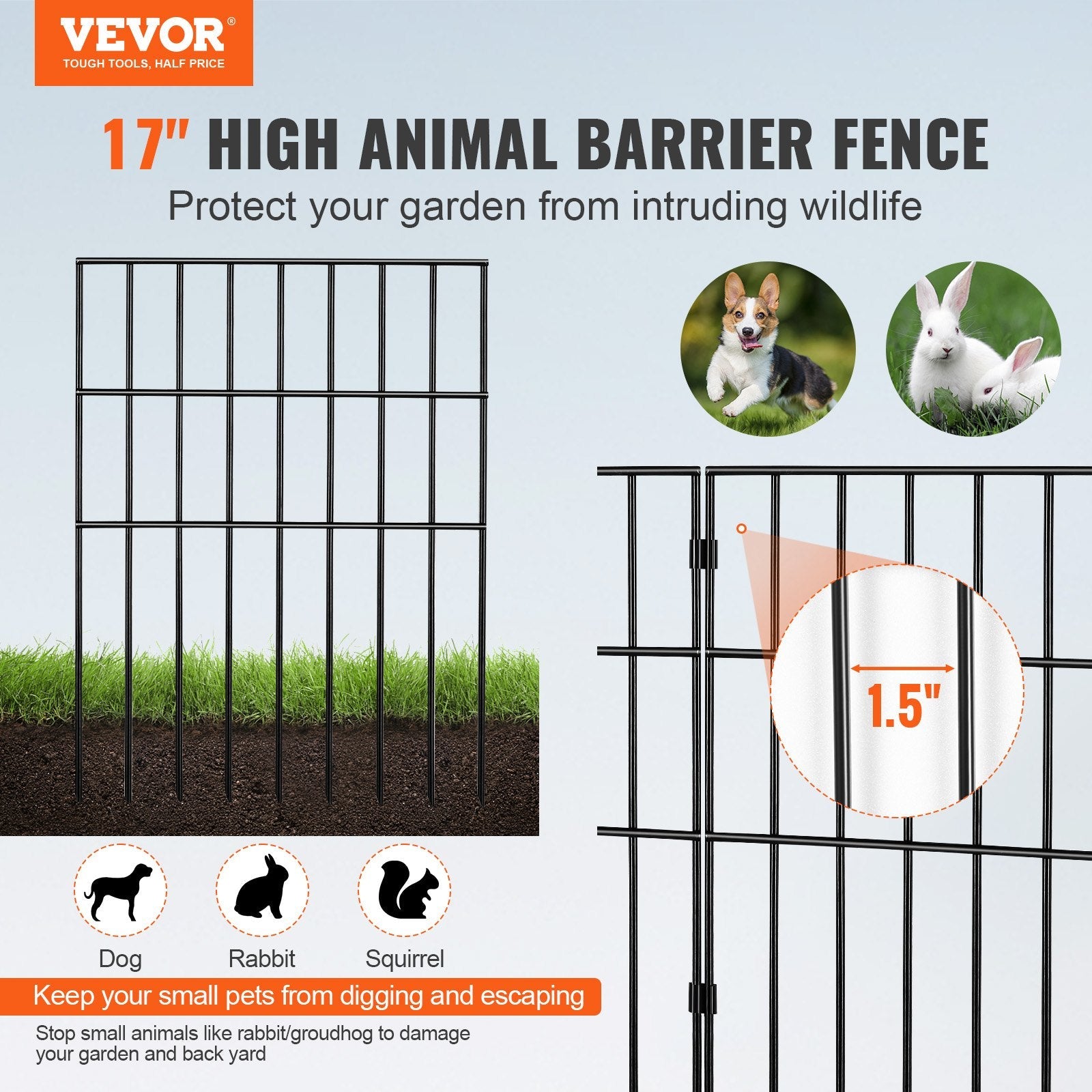 VEVOR Garden Fence, No Dig Fence 17''(H)x13''(L) Animal Barrier Fence, Underground Decorative Garden Fencing with 1.5 inch Spike Spacing, Metal Dog Fence for the Yard and Outdoor Patio, 19 Pack 