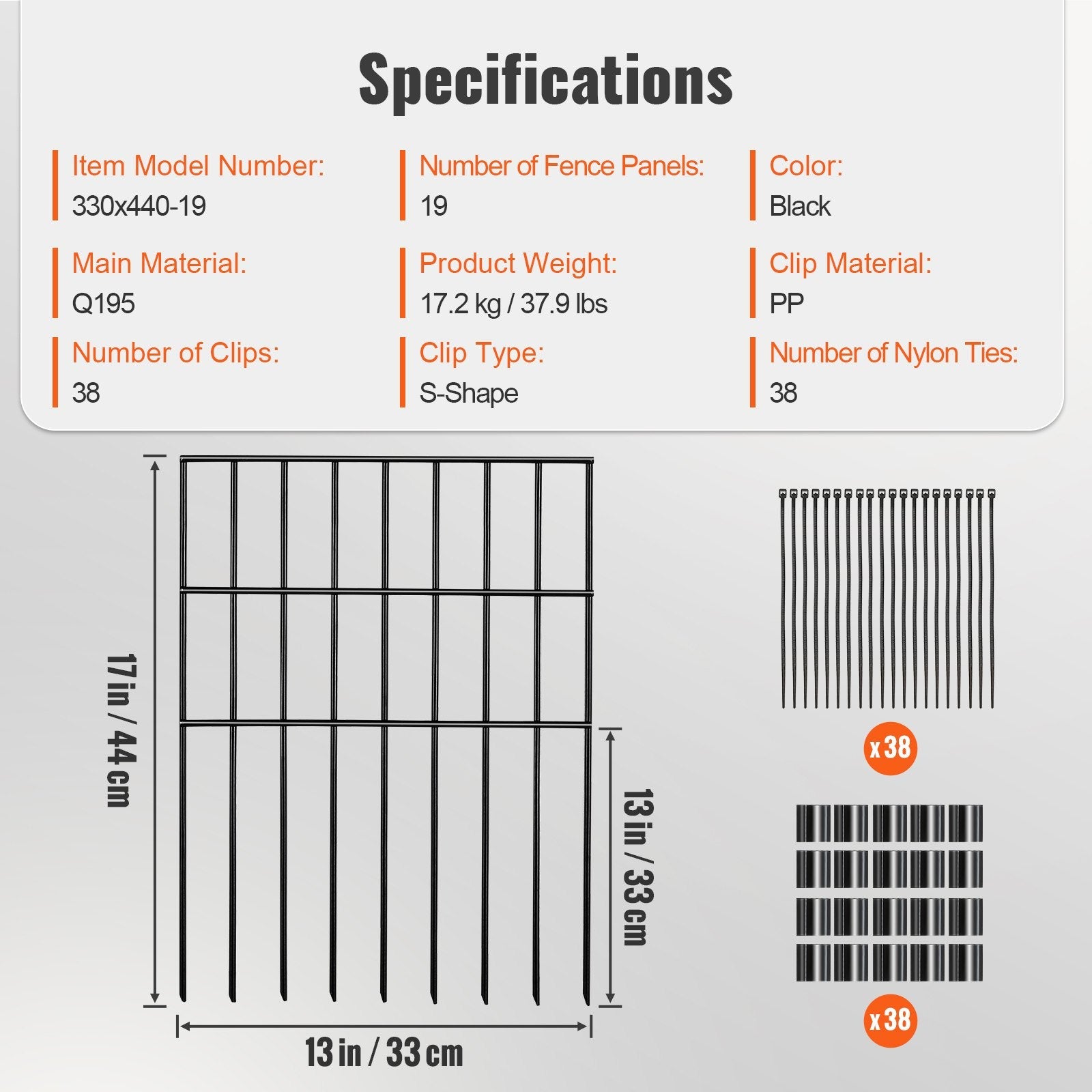 VEVOR Garden Fence, No Dig Fence 17''(H)x13''(L) Animal Barrier Fence, Underground Decorative Garden Fencing with 1.5 inch Spike Spacing, Metal Dog Fence for the Yard and Outdoor Patio, 19 Pack 