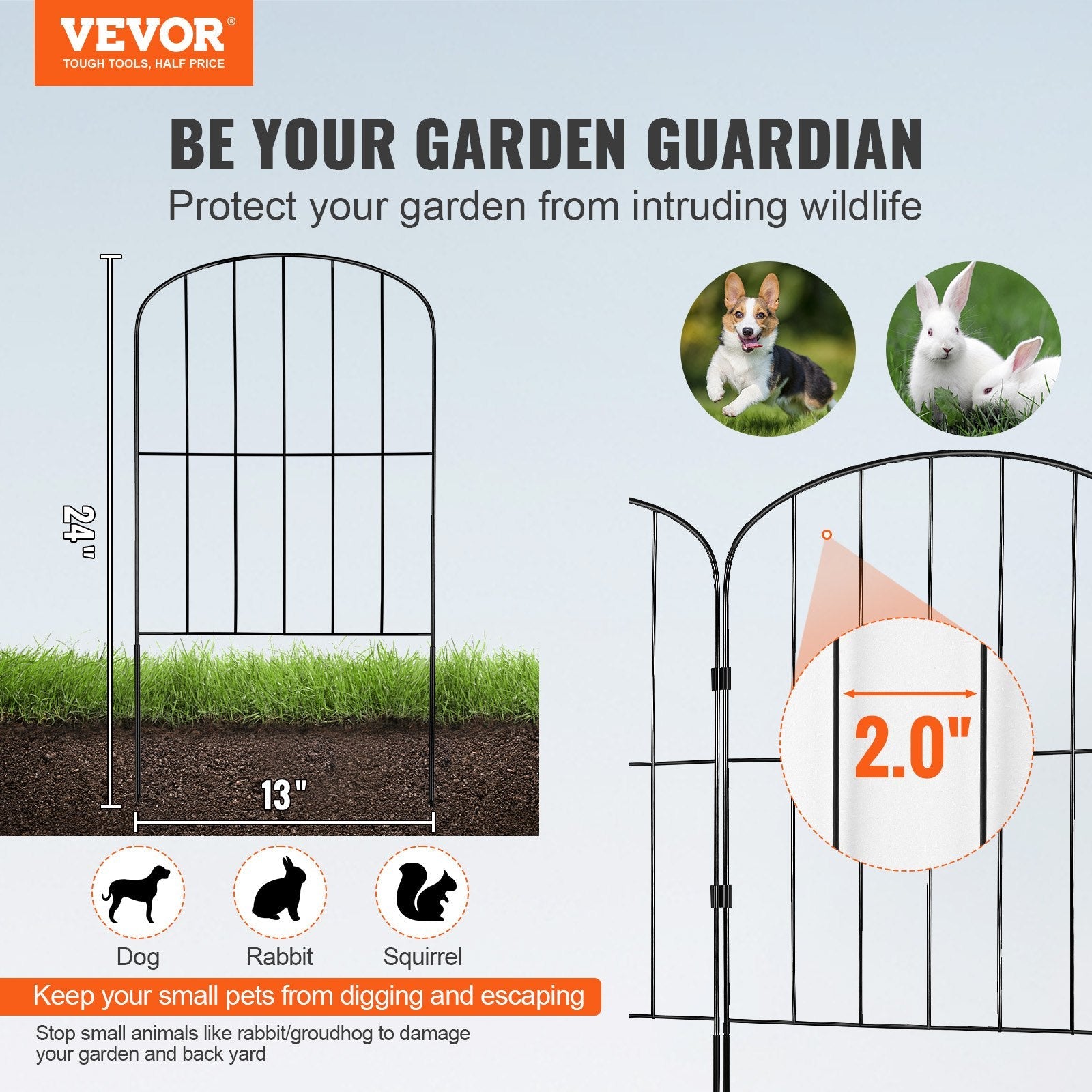 VEVOR Garden Fence, No Dig Fence 24''(H)x13''(L) Animal Barrier Fence, Underground Decorative Garden Fencing with 2 inch Spike Spacing, Metal Dog Fence for the Yard and Outdoor Patio, 10 Pack 