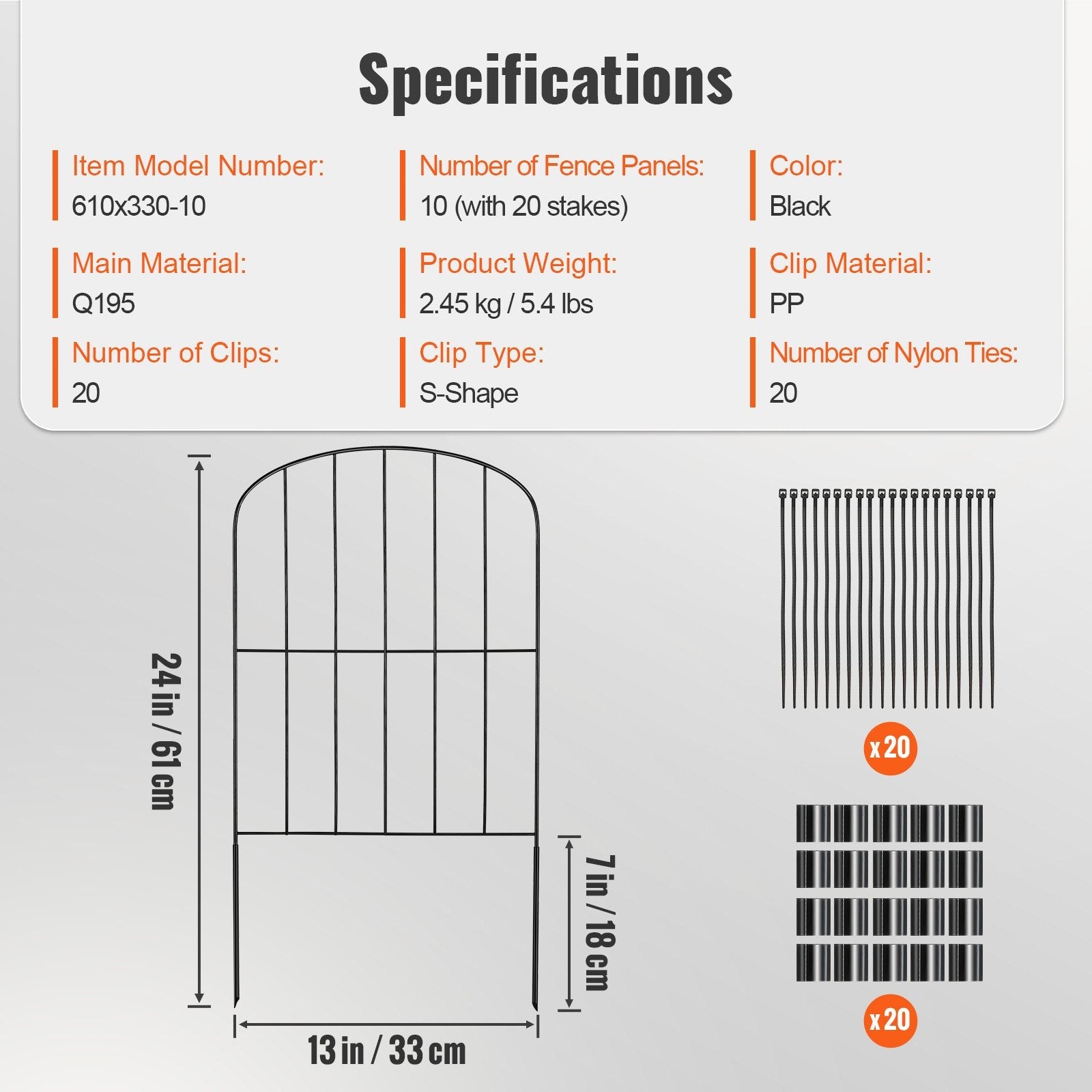 VEVOR Garden Fence, No Dig Fence 24''(H)x13''(L) Animal Barrier Fence, Underground Decorative Garden Fencing with 2 inch Spike Spacing, Metal Dog Fence for the Yard and Outdoor Patio, 10 Pack 