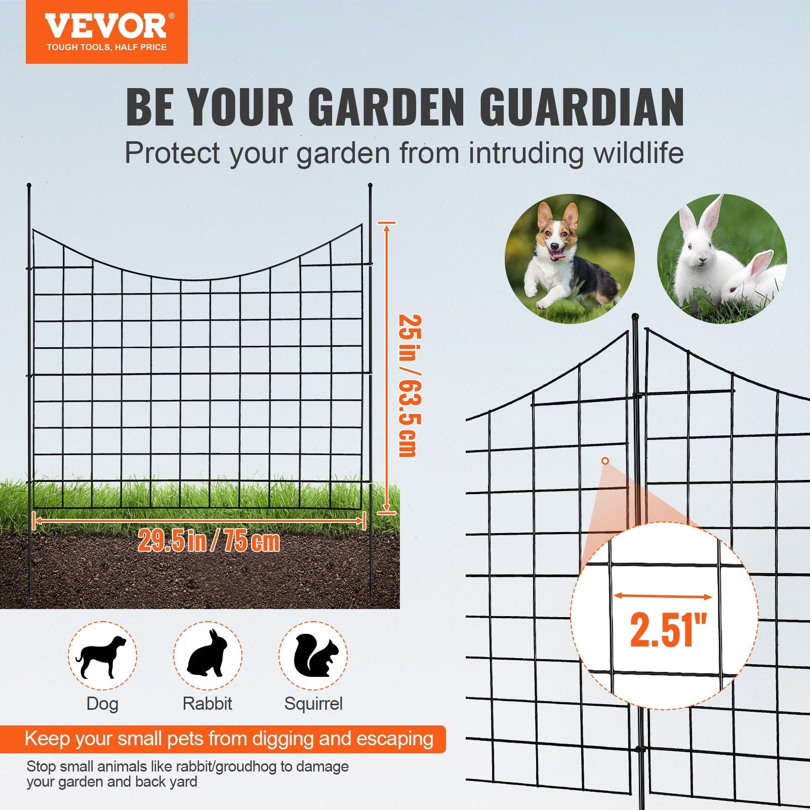 VEVOR Garden Fence, 36.6''(H)x29.5''(L) Animal Barrier Fence, Underground Decorative Garden Fencing with 2.5 inch Spike Spacing, Metal Dog Fence for the Yard and Outdoor Patio, 5 Pack 