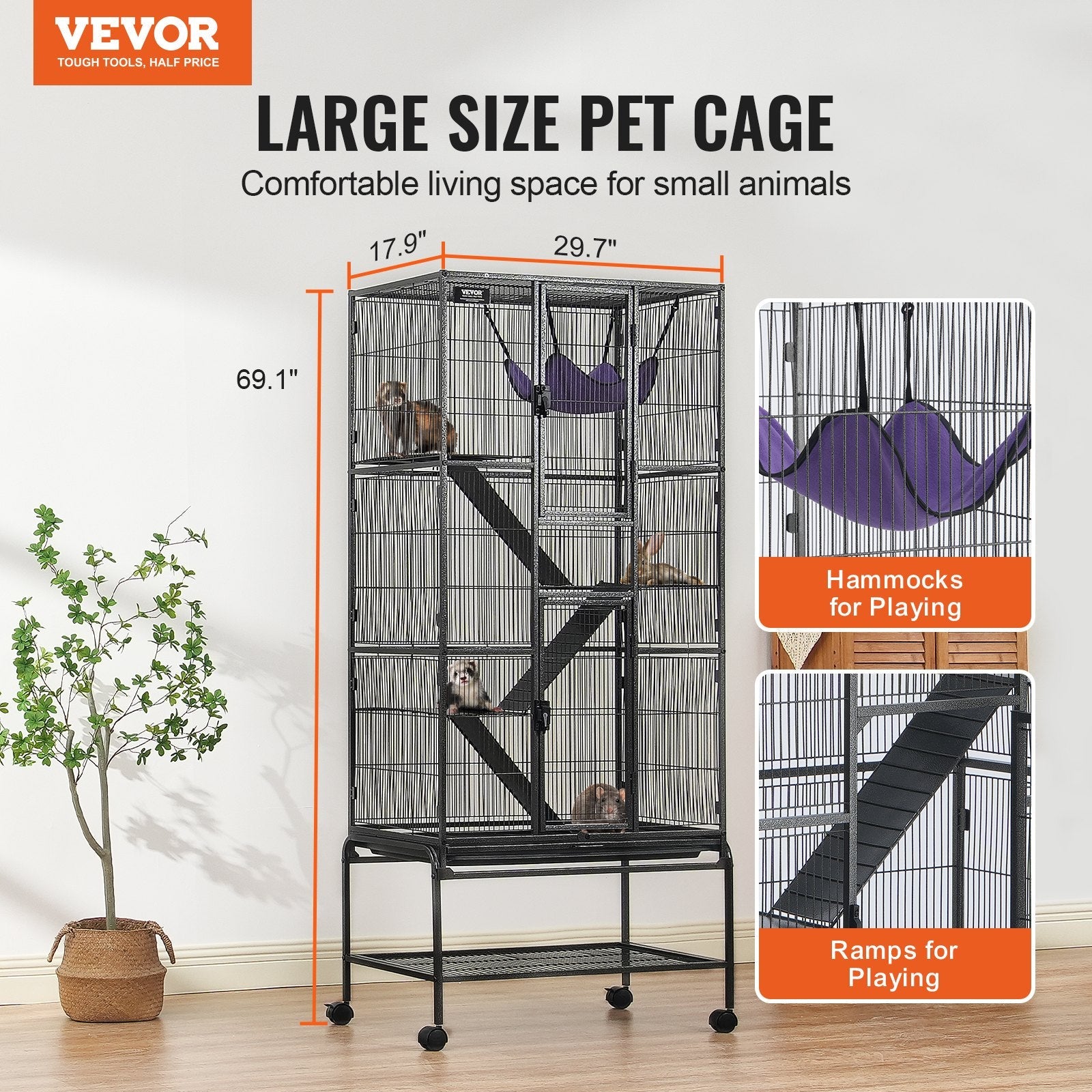 VEVOR 69" Metal Small Animal Cage 4-Tier Rolling Ferret Cage with Tray 3 Ramps 