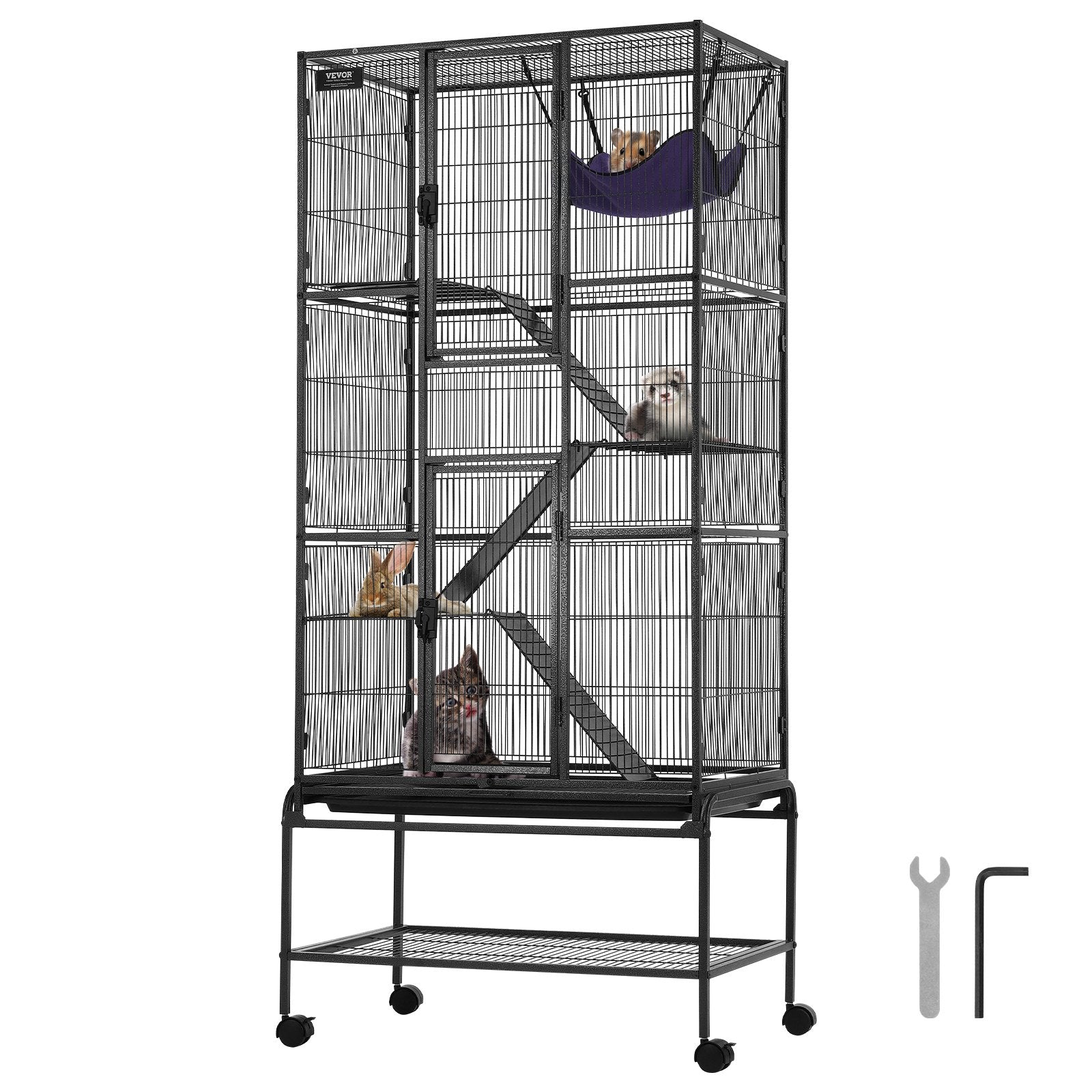VEVOR 69" Metal Small Animal Cage 4-Tier Rolling Ferret Cage with Tray 3 Ramps 