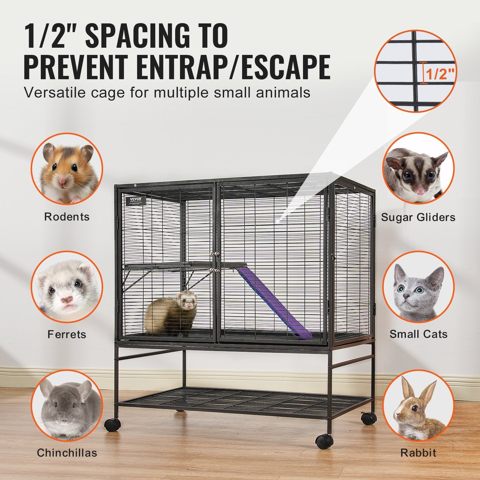 VEVOR 39" Metal Small Animal Cage 2-Tier Rolling Ferret Cage with Tray A Ramp 
