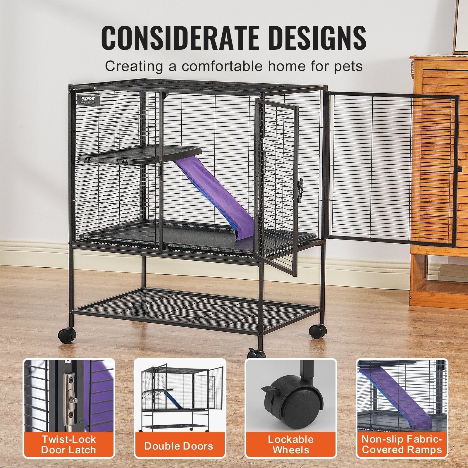 VEVOR 39" Metal Small Animal Cage 2-Tier Rolling Ferret Cage with Tray A Ramp 