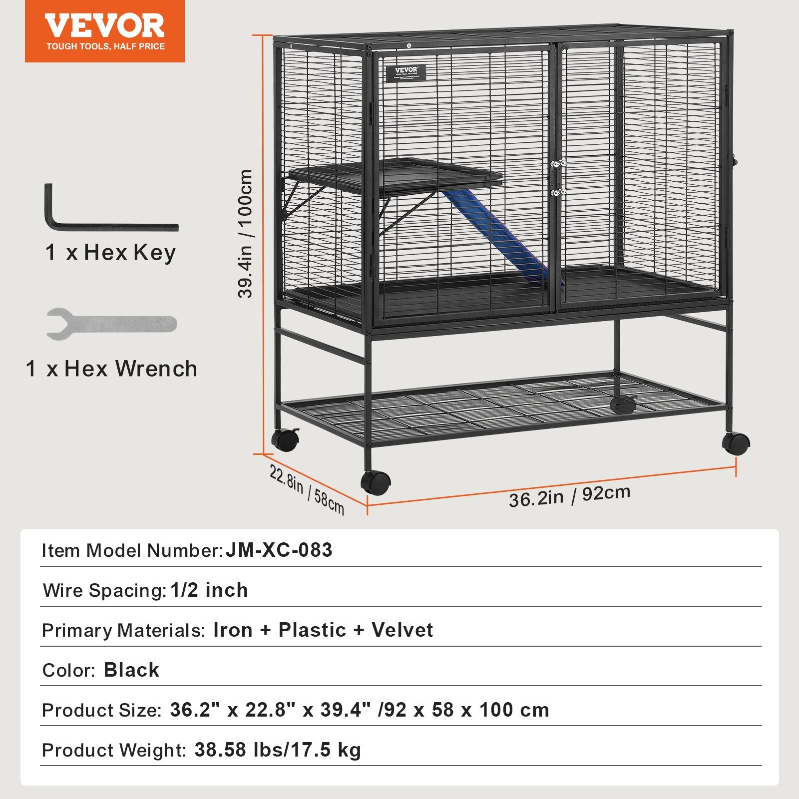 VEVOR 39" Metal Small Animal Cage 2-Tier Rolling Ferret Cage with Tray A Ramp 