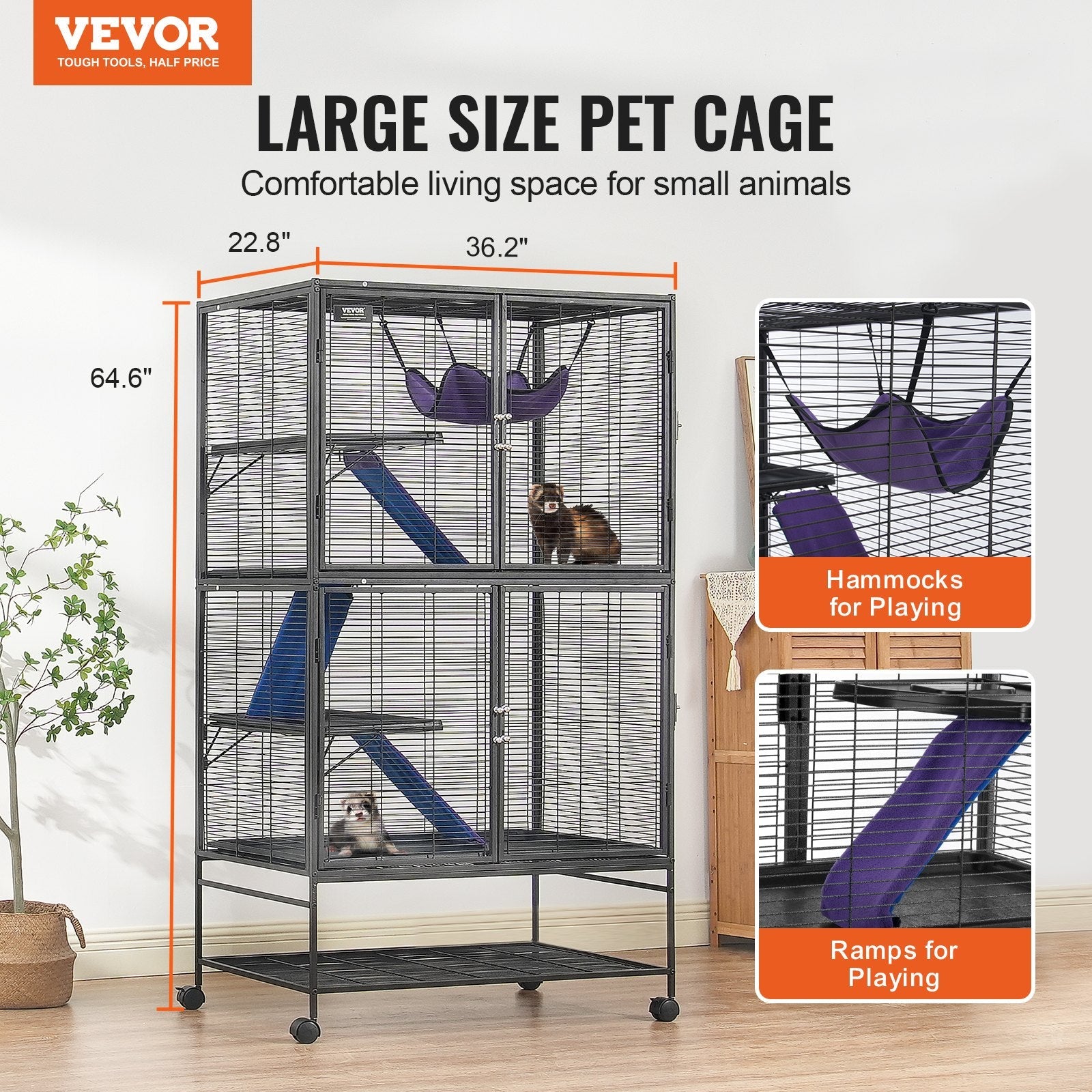 VEVOR 64.6" Metal Small Animal Cage 4-Tier Rolling Ferret Cage with Tray 3 Ramps 