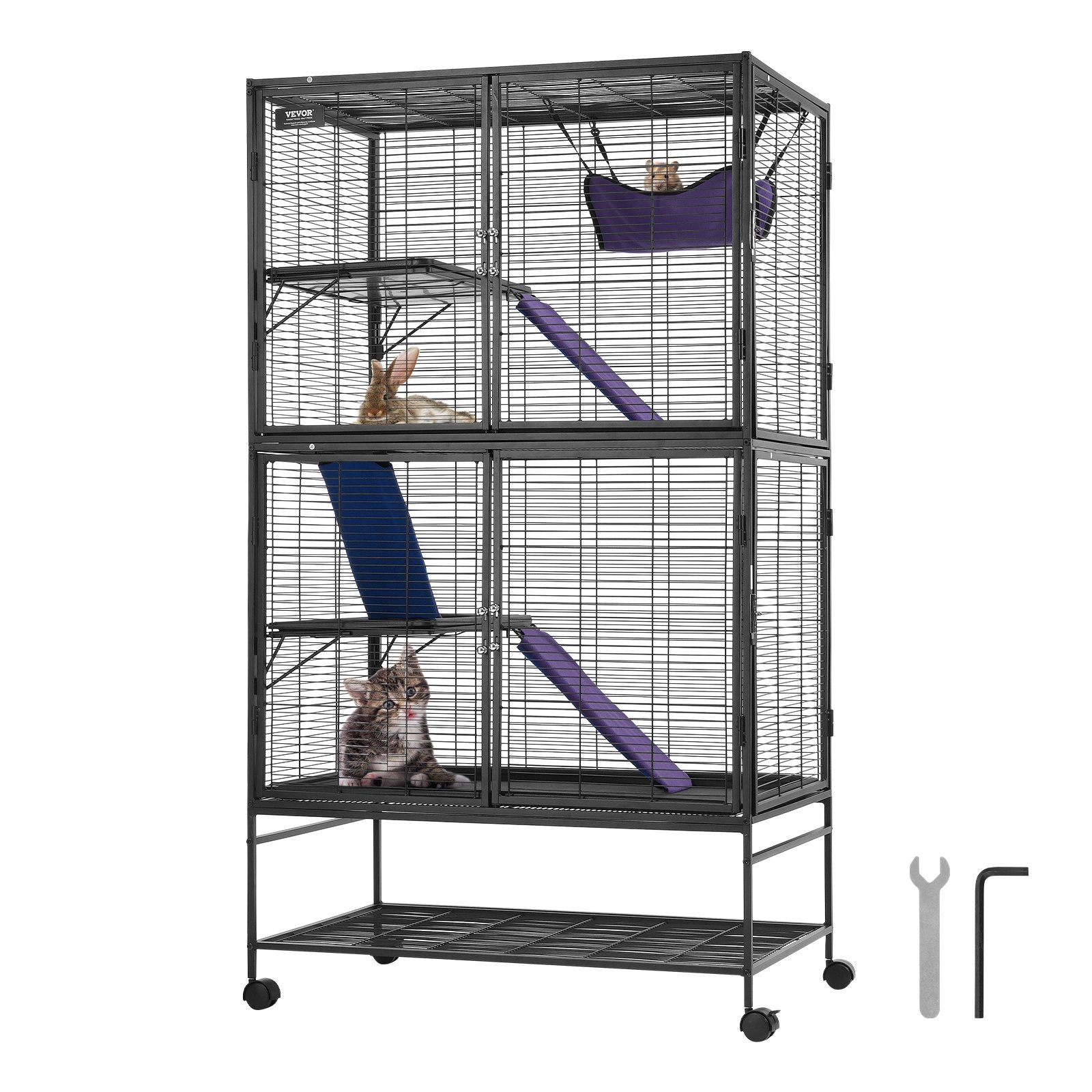 VEVOR 64.6" Metal Small Animal Cage 4-Tier Rolling Ferret Cage with Tray 3 Ramps 
