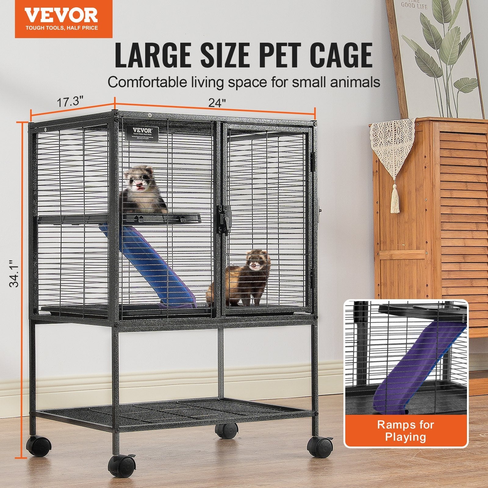 VEVOR 34" Metal Small Animal Cage 2-Tier Rolling Ferret Cage with Tray A Ramp 