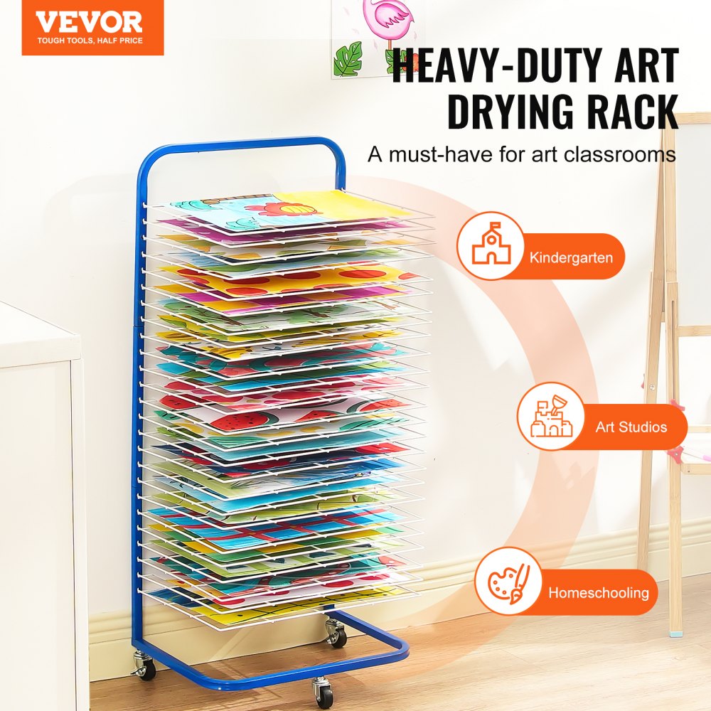 VEVOR Art Drying Rack 25 Removable Shelves Paint Drying Rack With Wheels Blue 