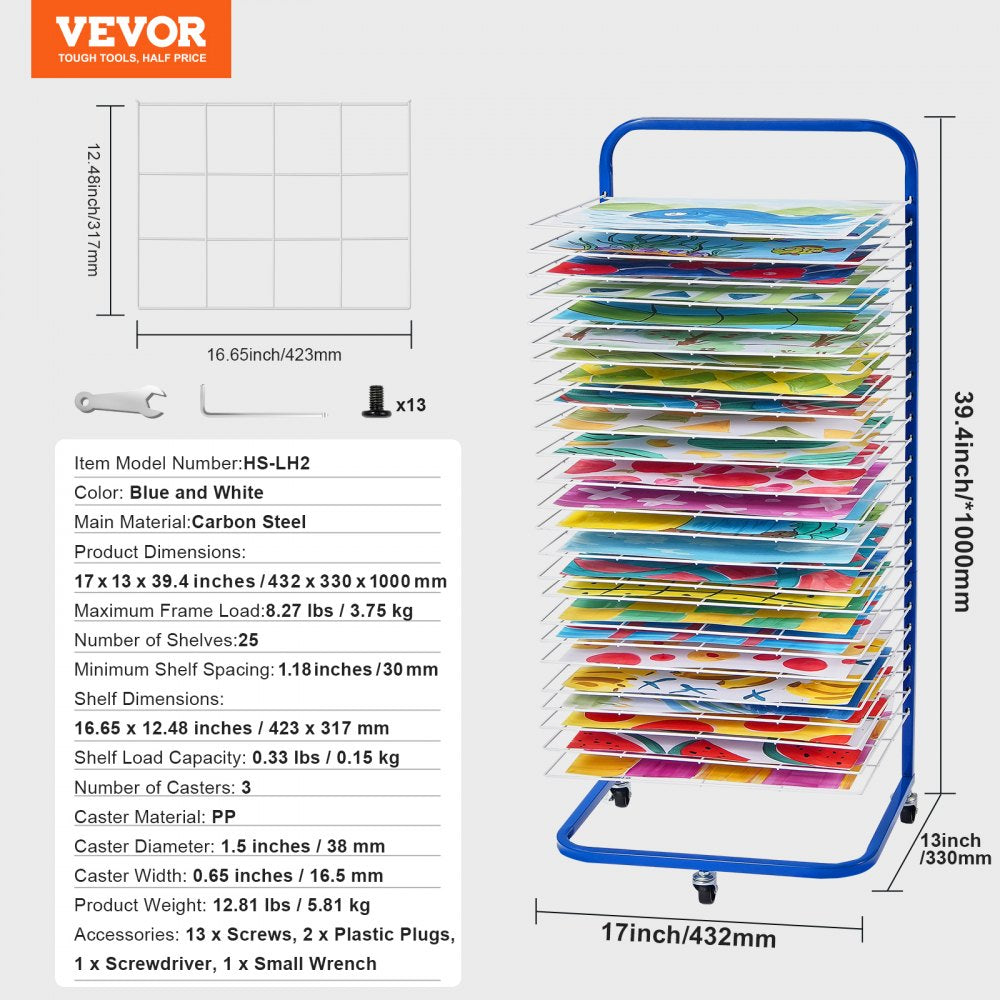 VEVOR Art Drying Rack 25 Removable Shelves Paint Drying Rack With Wheels Blue 