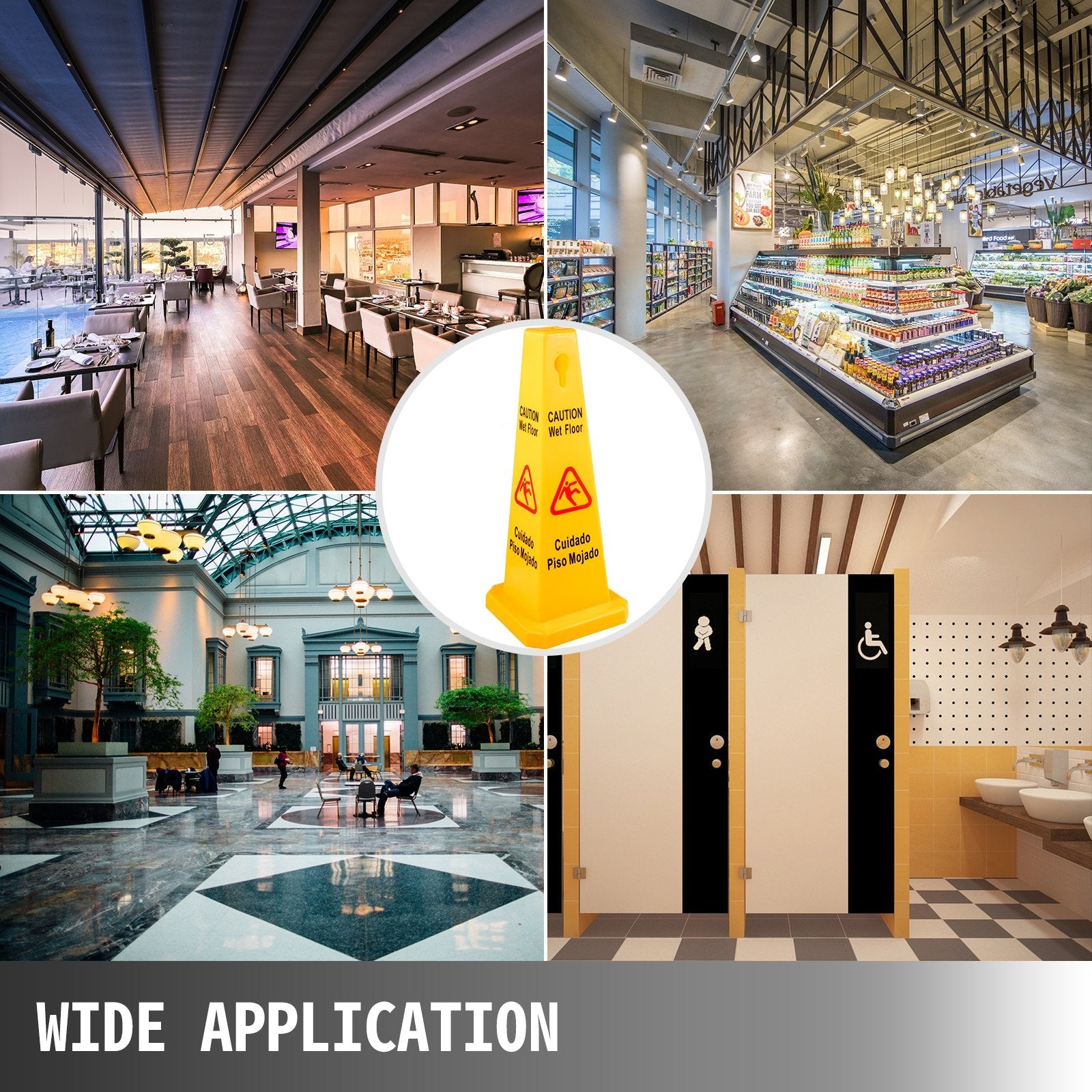 VEVOR 3 Pack Floor Safety Cone Yellow Caution Wet Floor Signs 4 Sided Floor Wet Sign Public Safety Wet Floor Cones Bilingual Wet Sign Floor for Indoors and Outdoors 