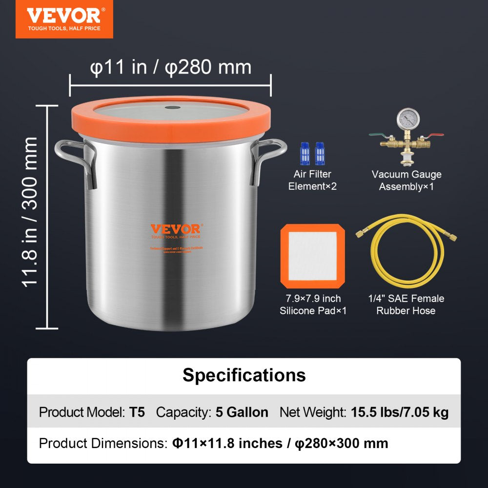 VEVOR 5 Gallon Vacuum Chamber, Upgraded Tempered Glass Lid Vacuum Degassing Chamber, 304 Stainless Steel Chamber, for Stabilizing Wood, Resin Degassing, Silicone Degassing and Plaster Degassing 