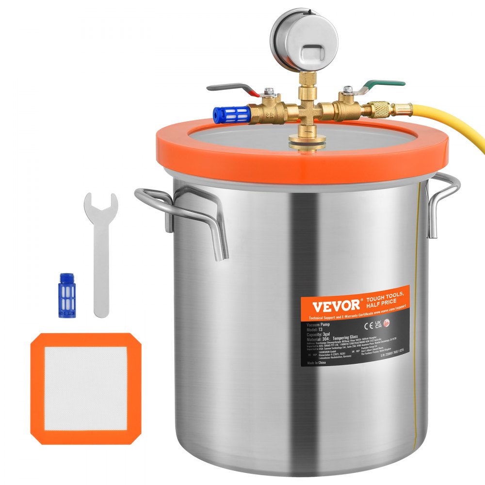 VEVOR 5 Gallon Vacuum Chamber, Upgraded Tempered Glass Lid Vacuum Degassing Chamber, 304 Stainless Steel Chamber, for Stabilizing Wood, Resin Degassing, Silicone Degassing and Plaster Degassing 