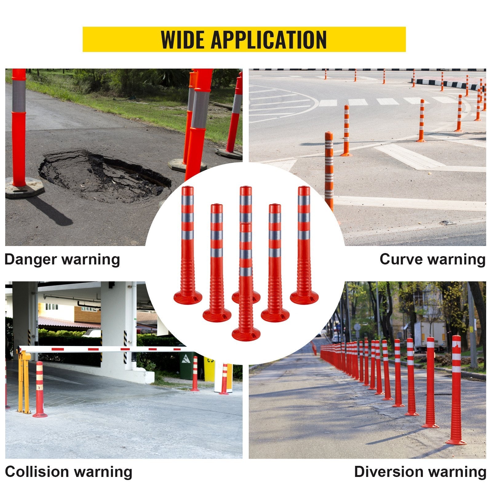 VEVOR Traffic Delineator, 6 PCS Posts Channelizer Cone, Delineator Post Kit 30” in Height, PU Traffic Post, Orange Safety Cones, Portable Spring Posts with Base, Barrier Cones with Reflective Bands 