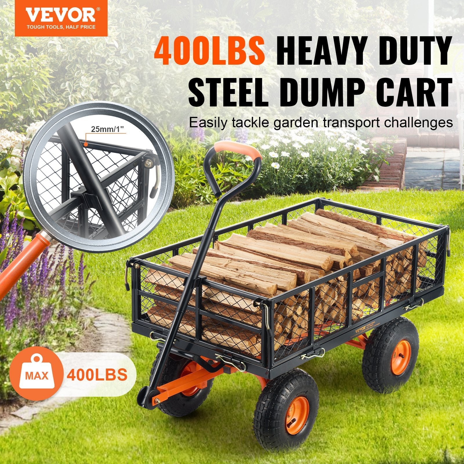 VEVOR Dump Cart, Metal Garden Dump Cart with Easy to Assemble Frame, Dump Wagon with 2-in-1 Convertible Handle, Utility Wheelbarrow 400 lbs Capacity, 10 inch Tires 