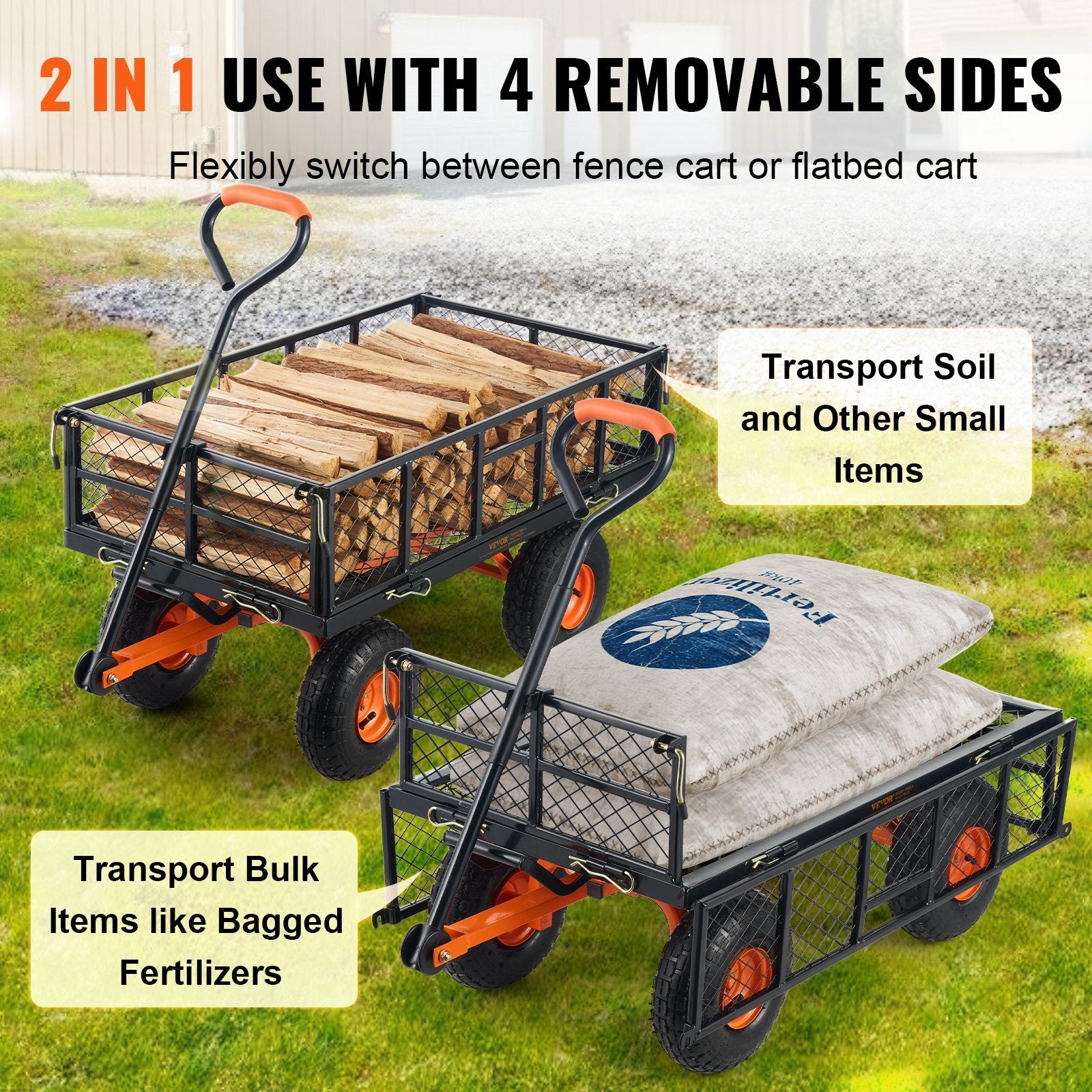 VEVOR Dump Cart, Metal Garden Dump Cart with Easy to Assemble Frame, Dump Wagon with 2-in-1 Convertible Handle, Utility Wheelbarrow 400 lbs Capacity, 10 inch Tires 
