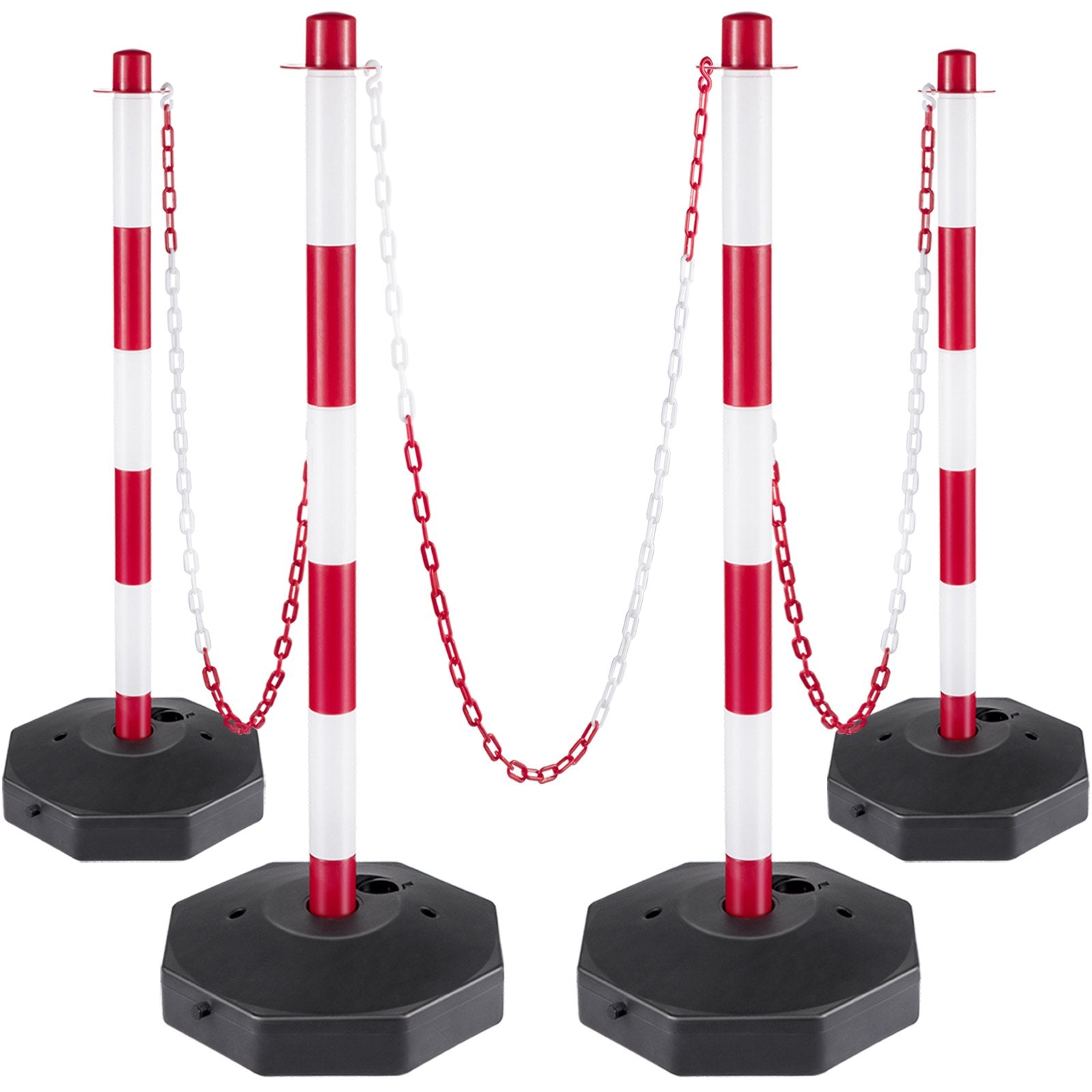 VEVOR Plastic Stanchion, 4pcs Chain Stanchion, Plastic Stanchion Kit w/ 32ft Chain 8 S-Hooks, PE Plastic White Stanchion for Warning/Crowd Control at Parking Lot, Construction Lot, Driveway Elevator 