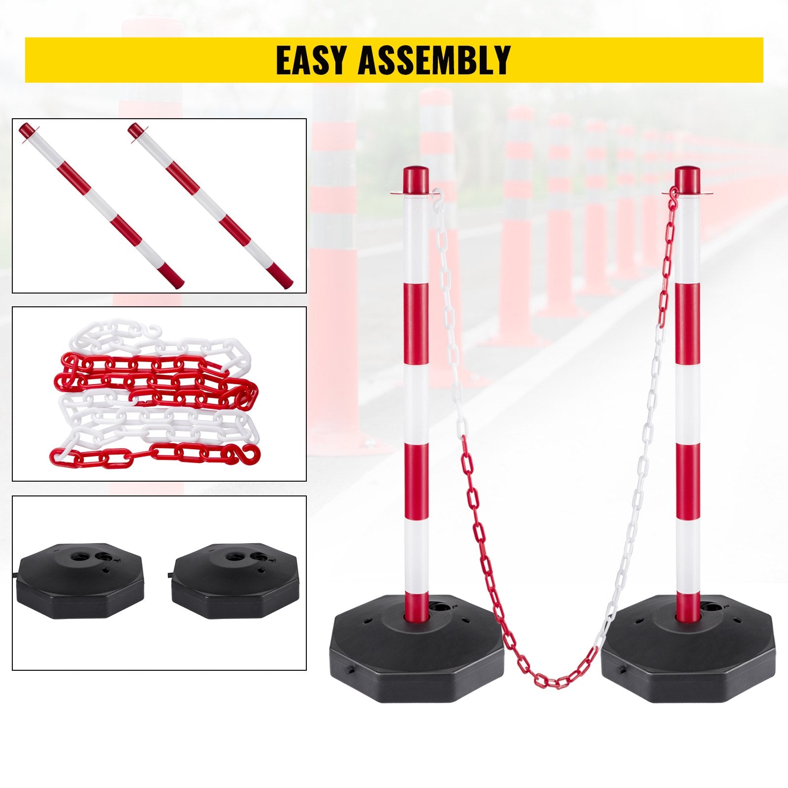 VEVOR Plastic Stanchion, 4pcs Chain Stanchion, Plastic Stanchion Kit w/ 32ft Chain 8 S-Hooks, PE Plastic White Stanchion for Warning/Crowd Control at Parking Lot, Construction Lot, Driveway Elevator 