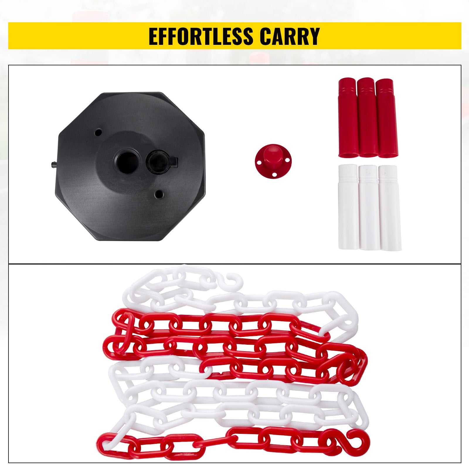 VEVOR Plastic Stanchion, 4pcs Chain Stanchion, Plastic Stanchion Kit w/ 32ft Chain 8 S-Hooks, PE Plastic White Stanchion for Warning/Crowd Control at Parking Lot, Construction Lot, Driveway Elevator 