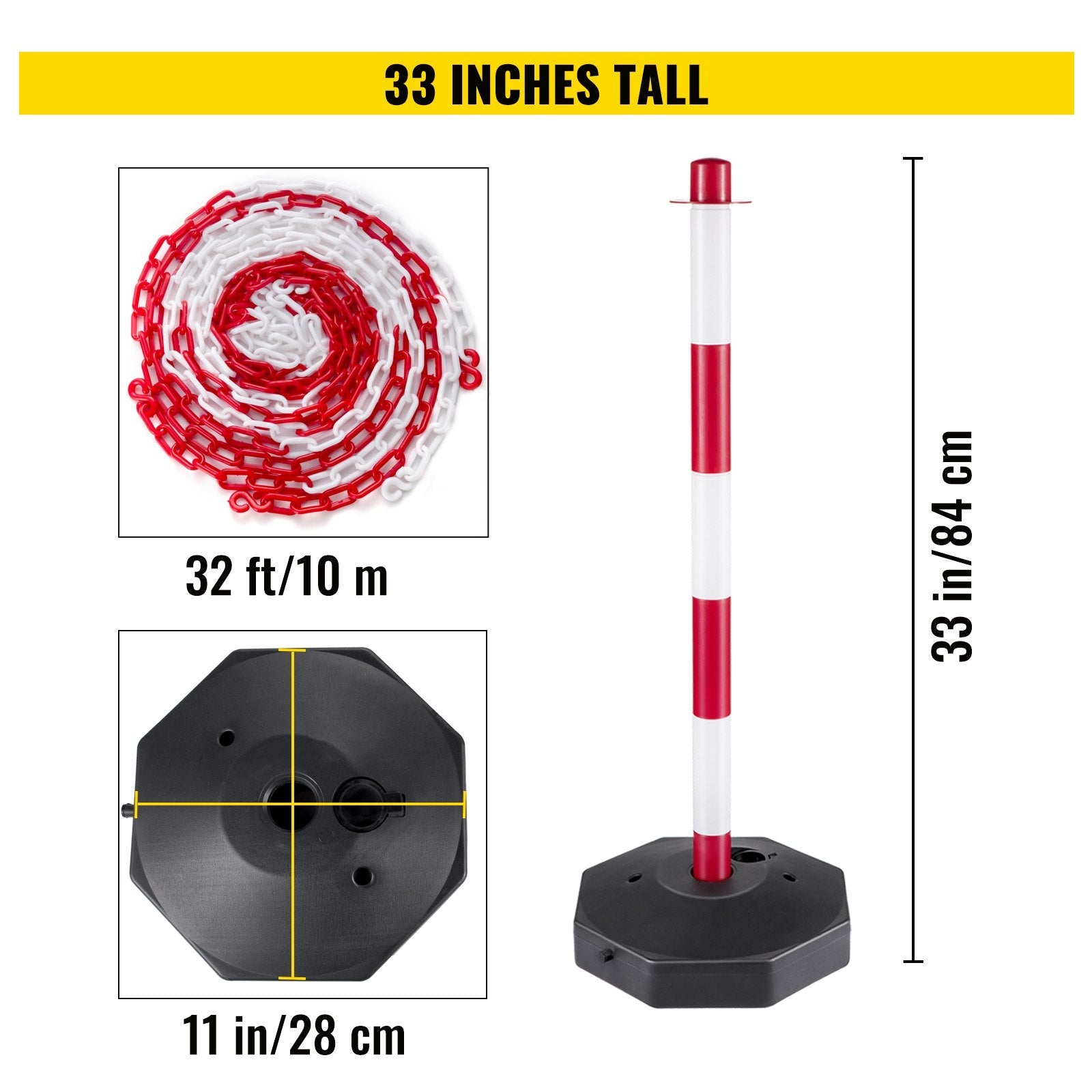 VEVOR Plastic Stanchion, 4pcs Chain Stanchion, Plastic Stanchion Kit w/ 32ft Chain 8 S-Hooks, PE Plastic White Stanchion for Warning/Crowd Control at Parking Lot, Construction Lot, Driveway Elevator 