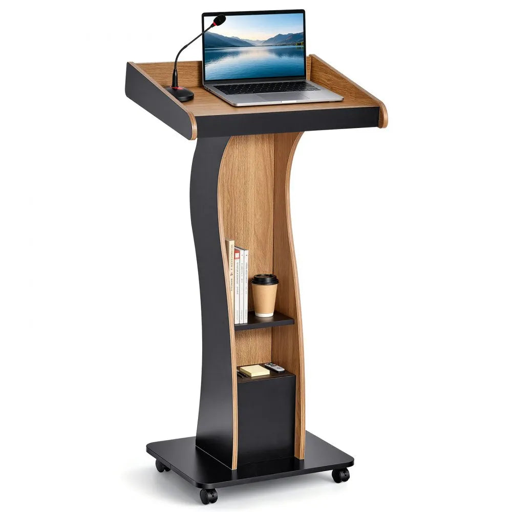 47-Inch Wooden Mobile Podium Lectern – Portable Presentation Stand with Storage Shelf, Book Stop & Locking Wheels