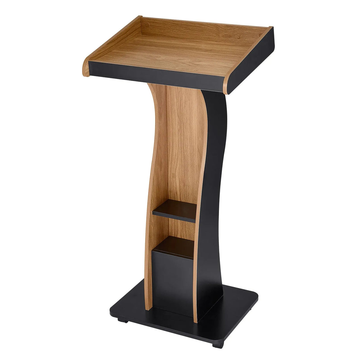 47-Inch Wooden Mobile Podium Lectern – Portable Presentation Stand with Storage Shelf, Book Stop & Locking Wheels