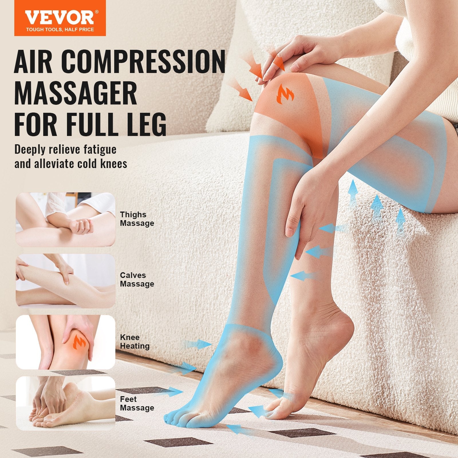 VEVOR Full Leg Massager, Air Compression Leg Massager for Foot Calf Thigh Knee, 2 Knee Heating Levels, 3 Modes & 3 Intensities, Leg Compression Massage Boots for Circulation, Swelling and Pain Relief 
