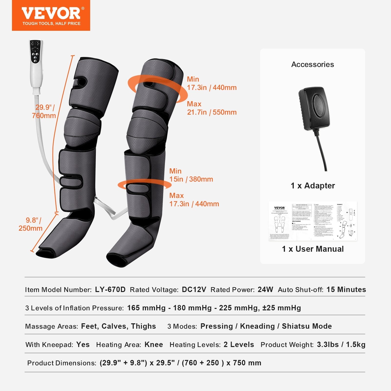 VEVOR Full Leg Massager, Air Compression Leg Massager for Foot Calf Thigh Knee, 2 Knee Heating Levels, 3 Modes & 3 Intensities, Leg Compression Massage Boots for Circulation, Swelling and Pain Relief 